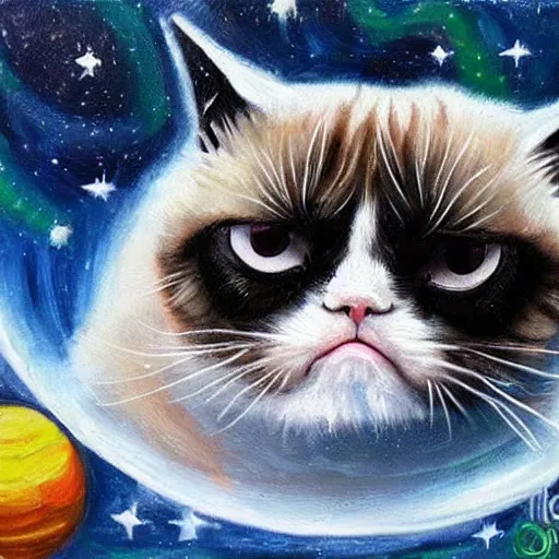 Image similar to A grumpy cat sitting on the planet earth in space, oil painting
