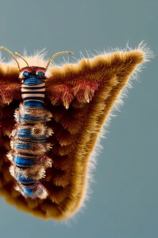 Prompt: high quality macro photo neoclassical puss moth caterpillar! gorgeous highly detailed hannah yata elson peter cinematic blue lighting high quality low angle hd 8k sharp shallow depth of field