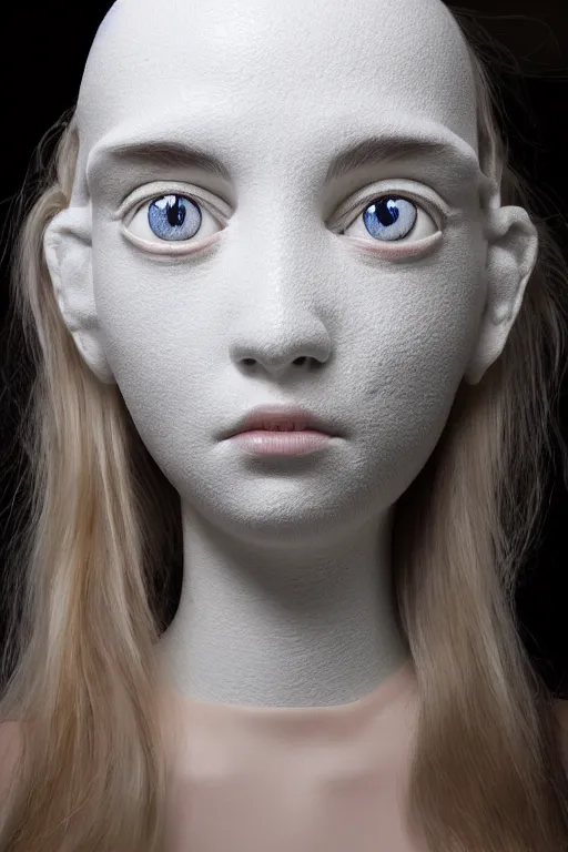 Prompt: full head and shoulders, beautiful porcelain female person, mixed with giant frog spawn eyes, smooth, delicate facial features, white detailed eyes, white lashes, 3 d white shiny thick, larg tentacles and eyeballs by daniel arsham and james jean
