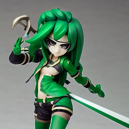 Prompt: league of legends akali as a Figma doll. Posable anime figurine. Kunai, Kama-wielding, green facemask, green outfit. PVC figure 12in.