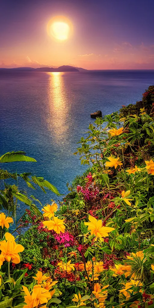 Prompt: serene scene with focal depth of a seashore beach in Portofino, Italy by henri rousseau and DaVinci, beautiful flowers lush flora and fauna by James Jean orange and yellow tropical flowers, unreal engine, tropical paradise, mystical, sunset, cinematic, 22mm Sony DSLR