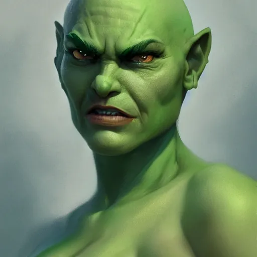 Prompt: character portrait of a green orc female, light green tone beautiful face, bald with pony tail by greg rutkowski, trending on artstation