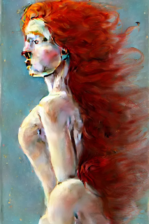 Image similar to of beautiful redhead female, beauty portrait by greg rutkowski, hilma af klint, moebius, victo ngai, sharp focus, global illumination, highly detailed, masterpiece, award winning, post processing