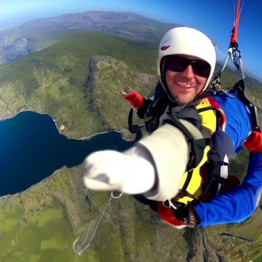 Image similar to a cream-colored havanese paragliding, gopro photo, 4k