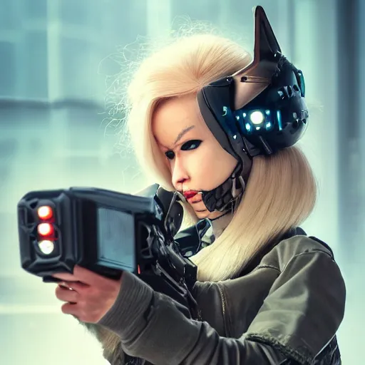 Image similar to close up of evil futuristic dystopian regime soldier, plasma gun, angry, blonde hair with fox ears, fluffy fox ears, human, female, concept design, contrast, hot toys, kim jung gi, greg rutkowski, zabrocki, karlkka, jayison devadas, trending on artstation, 8 k, ultra wide angle, pincushion lens effect