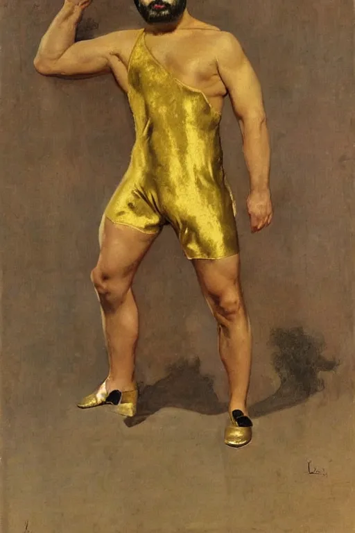 Image similar to persian wrestler man in golden leotard, by j. c. leyendecker