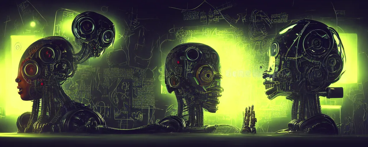 Image similar to dark scifi illustration 3 / 4 portrait of a robots having a meeting, reading necronomicon. cinematic lighting mad scientist style. golden ratio accidental renaissance. in the style of jean michel basquiat. graffiti art, scifi, fantasy, hyper detailed. octane render. concept art. trending on artstation