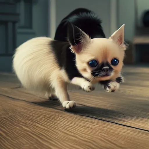 Image similar to an adorable blond long haired chihuahua playing with a cute black cat : : in the style of pixar : : octane render, unreal engine 5, cinematic lighting, cinematic depth of field