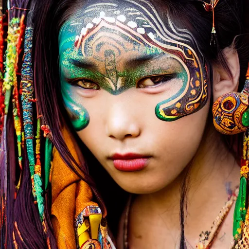 Image similar to portrait of a stunningly beautiful asian tribal female, small amount of traditional facepainting, depth of field, zeiss lens, detailed, symmetrical, centered, fashion photoshoot, by alphonse mucha, Annie Leibovitz and Steve McCurry, David Lazar, Jimmy Nelsson, Breathtaking, 8k resolution, extremely detailed, beautiful, establishing shot, artistic, hyperrealistic, beautiful face, octane render