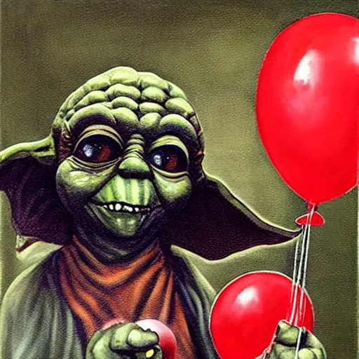 Prompt: grunge painting of yoda with a wide smile and a red balloon by chris leib, loony toons style, pennywise style, corpse bride style, horror theme, detailed, elegant, intricate