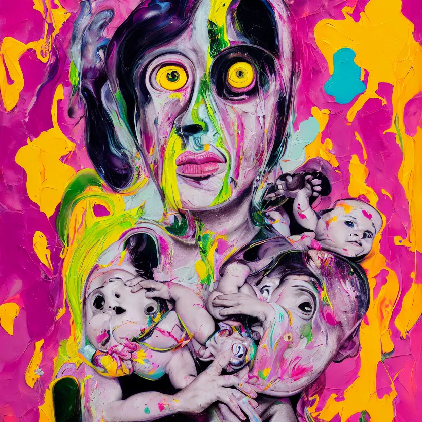 Image similar to woman holding a baby, an ultrafine detailed painting by peter max and francis bacon and fiona rae and maryam hashemi and hernan bas and anna mond and max gubler, featured on deviantart, metaphysical painting, neo expressionism, pop surrealism, melting paint, biomorphic, mixed media, photorealistic, dripping paint, palette knife texture, masterpiece