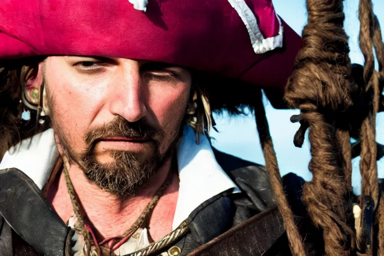 Prompt: closeup movie pirate on a pirate ship, by emmanuel lubezki