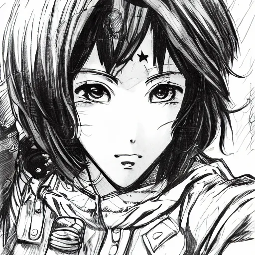Prompt: manga style, gpen line art, portrait of a girl under artillery fire, trench sandbags in background, soldier clothing, short hair, hair down, symmetrical facial features, from marvel comic, detailed drawing, trending on artstation, by professional mangaka masashi kishimoto and naoki urasaw