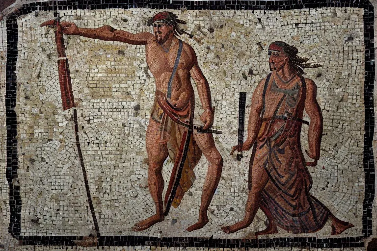 Image similar to ancient roman mosaic of the god mars with a spear