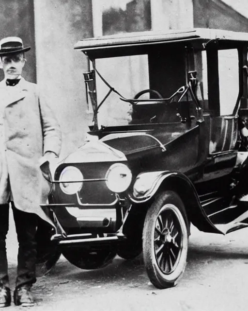 Prompt: 1 9 2 0 s photo of a person standing next to a tesla model t