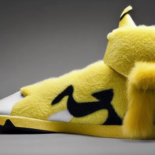 Image similar to nike pikachu model shoe made of very fluffy yellow faux fur placed on reflective surface, professional advertising, overhead lighting, heavy detail, realistic by nate vanhook, mark miner