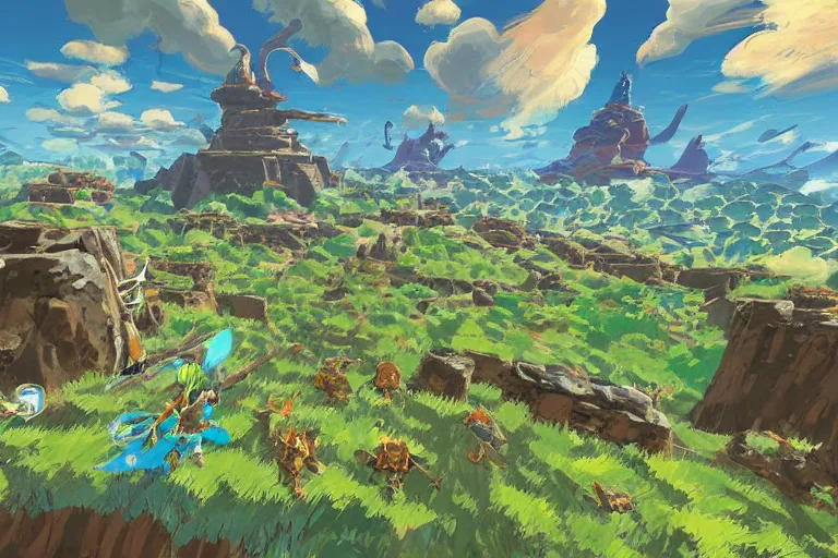 Image similar to an in game chaotic landscape from the legend of zelda breath of the wild, breath of the wild art style.