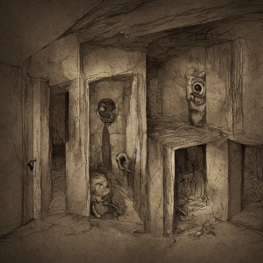 Image similar to an intelligent room that is aware of everything inside it, the room has eyes, appendages, and a mouth. there are scared prisoners inside the intelligent room