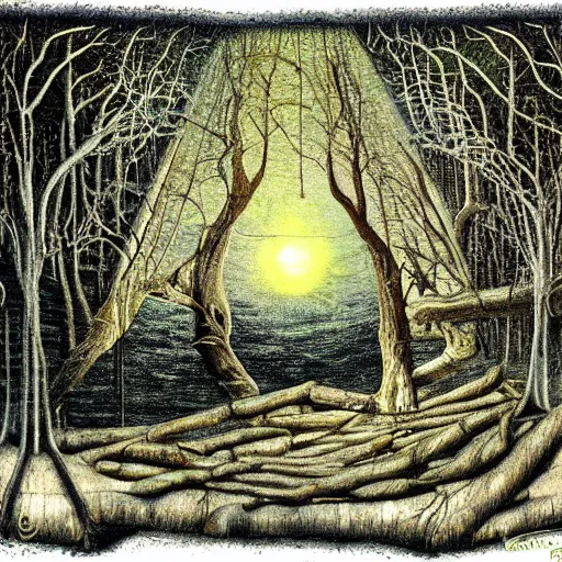 Prompt: cabin in dark forest on the lake, painting by Giger