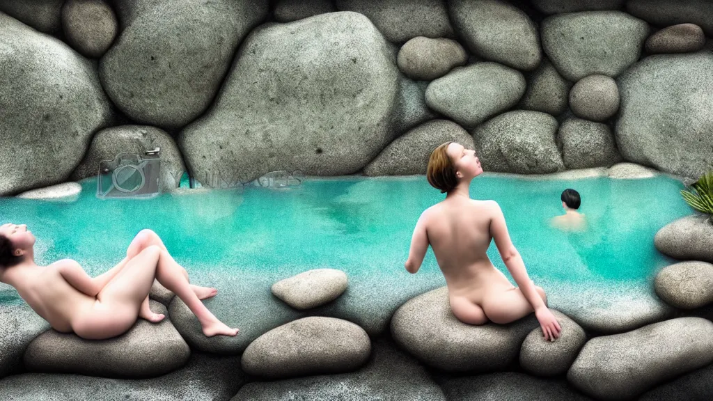 Prompt: a bather at a steaming natural hot spring in a nook of river stones, in an epic valley, japan, a collage painting, in the style of wes anderson, lola dupre, david hockney, isolated on negative white space background dark monochrome neon spraypaint accents volumetric octane render