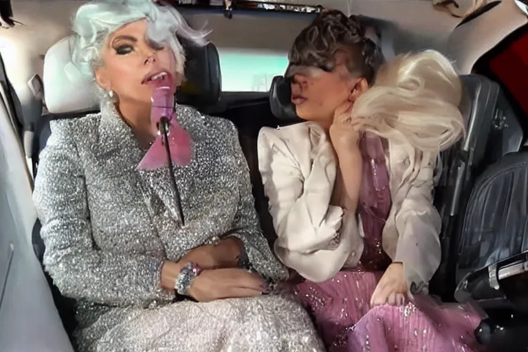 Image similar to lady gaga and judy garland doing carpool karaoke, lady gaga and judy garland, carpool karaoke, lady gaga, judy garland, carpool karaoke, youtube video screenshot, the late late show with james corden