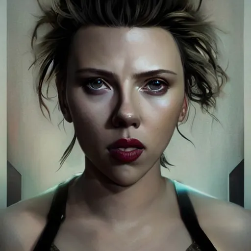 Image similar to scarlett johansson portrait, dystopia core, apocalyptic, armor, warrior, dramatic, sharp focus, fiction, neon, fantasy, hyper detailed, digital art, trending in artstation, cinematic lighting, studio quality, smooth render, unreal engine 5 rendered, octane rendered, art style and nixeu and wlop and krenz cushart