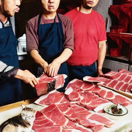 Image similar to angry japanese butcher slices meat next to two cute cats looking at him