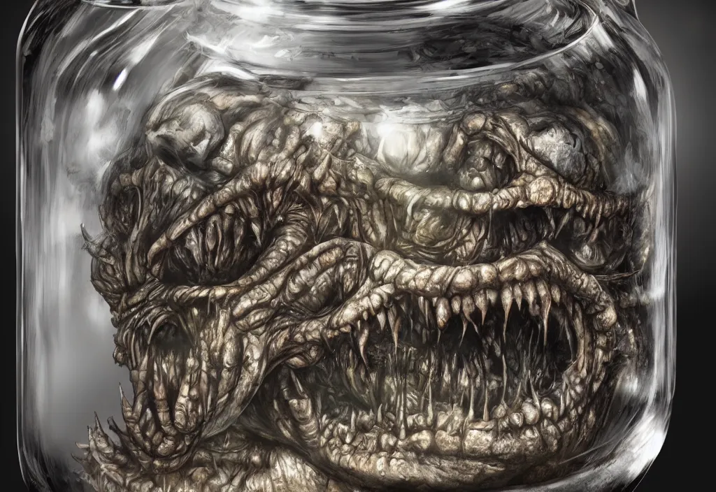 Image similar to Photorealistic miniature monster inside a jar on clean background by H.R. Giger, KDA and Sam Yang, trending on artstation