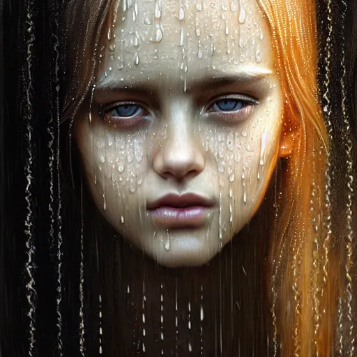 Image similar to portrait of a girl in the rain with wet hair and face, fantasy, intricate, elegant, dramatic lighting, emotionally evoking symbolic metaphor, highly detailed, lifelike, photorealistic, digital painting, artstation, concept art, smooth, sharp focus, illustration, art by John Collier and Albert Aublet and Krenz Cushart and Artem Demura and Alphonse Mucha