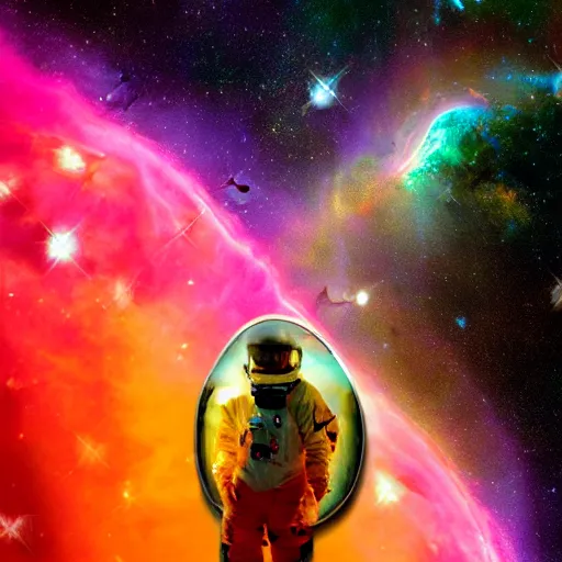 Image similar to modern double exposure monochrome spacesuit over a brilliant iridescent nebula. orange, pink, purple color ombre.