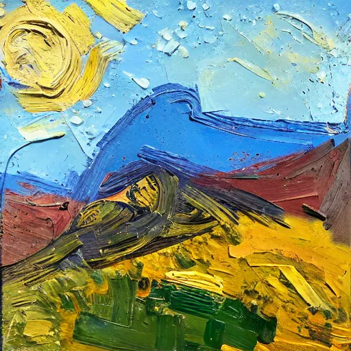 Image similar to oil paint impasto relief, beautiful bright sunny spring day, blue mountain the distance, multi layered thick brush marks, some splattered paint, in the style of ivan shishkin and frank auerbach and van gogh