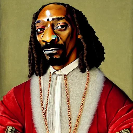 Image similar to a highly detailed portrait of snoop dogg, wearing elegant tudor clothes, inside a room with thick red tapestries, oil painting by hans holbein and alessandro allori and richard burbage