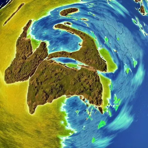 Image similar to imagistic this is a land on an unforgiving world of churning oceans and jagged coastlines. every habitable island is situated somewhere along the planet's equator where the weather is still volatile but more hospitable than any points to the north or south