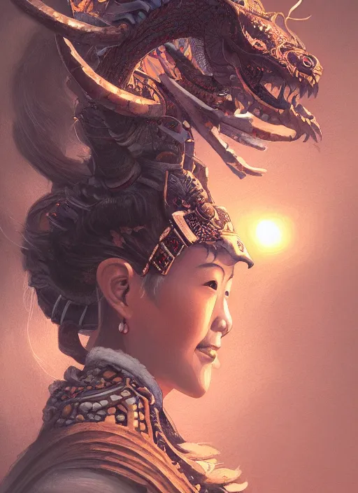 Image similar to a beautiful detailed oil on copper art illustration of a japanese samurai dragon mask woman, centered, by charlie bowater, zeng fanzh, trending on artstation, dim dusk lighting, cinematic lighting, detailed lighting, volumetric lighting, realistic, f 8, 4 k hd wallpaper