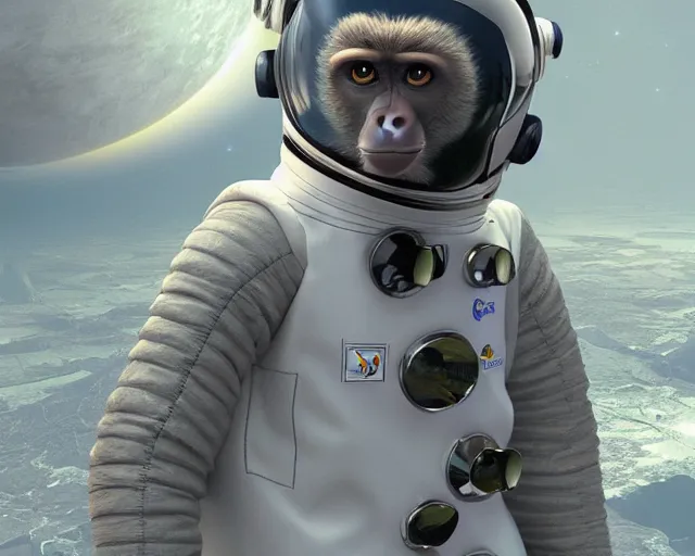 Prompt: a monkey in a space suit, concept art by alex petruk ape, cgsociety, space art, daz 3 d, sci - fi, reimagined by industrial light and magic