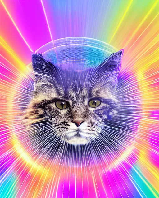 Prompt: highly detailed high resolution stacked plot of radio emissions from a pulsar, abstracted light refractions and stripy interference, making up a fluffy cat, silk screen t-shirt design 4K