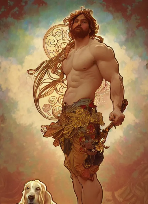 Prompt: beautiful illustration of a dog as a god with alphonse mucha and craig mullins, gorgeous, amazing, flowing hair, muscular, very muscular male body, in the style abigail larsonand and sam guay, rim light, beautiful lighting, 8 k, stunning scene, octane, trending on artstation