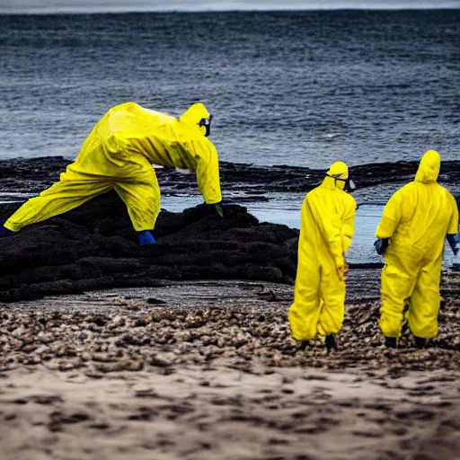 Image similar to Professional Photography, long shot, People in yellow chemical hazmat suits are investigating a huge creepy black creature washed up on the beach.