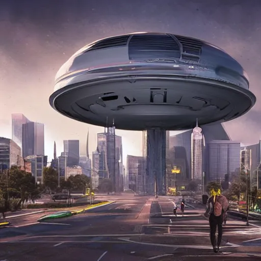 Prompt: an alien spaceship landing in the middle of a city, photorealistic