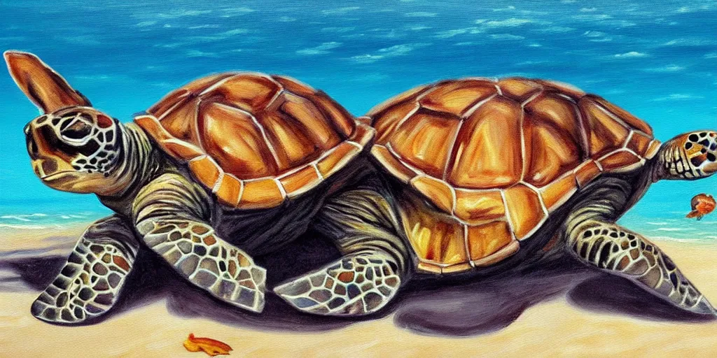 Image similar to painting of a cat on the beach playing with a turtle in the ocean