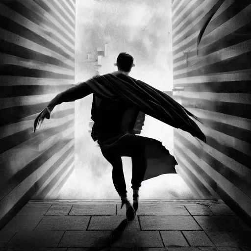 Prompt: fantasy book cover, dramatic shot of a man running out of a building, ultradetailed, wallpaper, 4k, prismatic