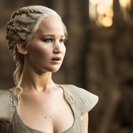 Image similar to first shot of jennifer lawrence in game of thrones, ( eos 5 ds r, iso 1 0 0, f / 8, 1 / 1 2 5, 8 4 mm, postprocessed, crisp face, facial features )