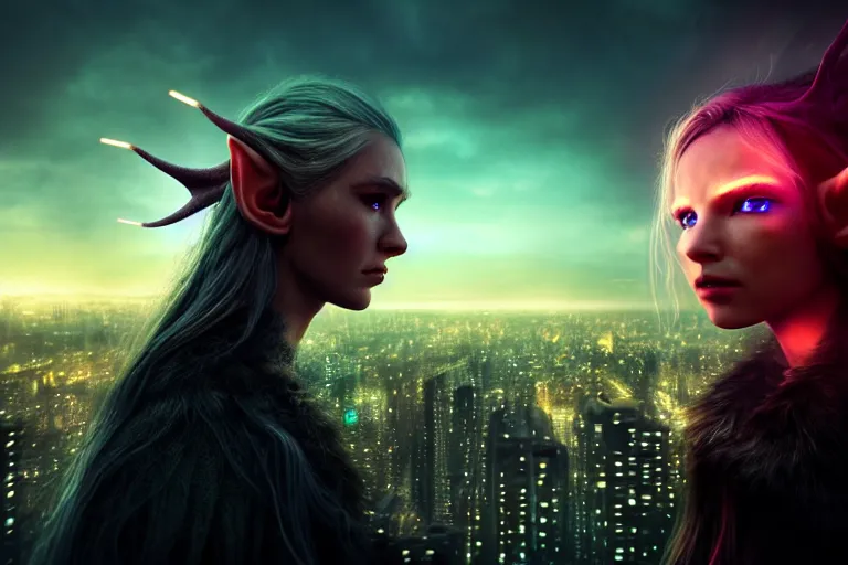 Image similar to an ultra realistic, cinematic, fantasy, headshot portrait, of an elden ring elf, fairy lights, facial features, overlooking a vast dystopian cityscape, with futuristic buildings and neon signs, detailed, deep focus, movie still, dramatic lighting, ray tracing, by michal karcz and yoshitaka amano