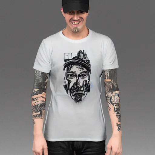 Image similar to action figure of thin white male wearing a black baseball cap and black graphic t - shirt, american traditional tattoos on legs and left arm, 4 k,