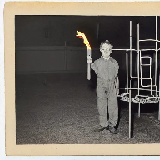 Image similar to photo, an 1 8 0 0's english explorer holding a burning torch while crawling through a 1 9 9 0's mcdonald's play place