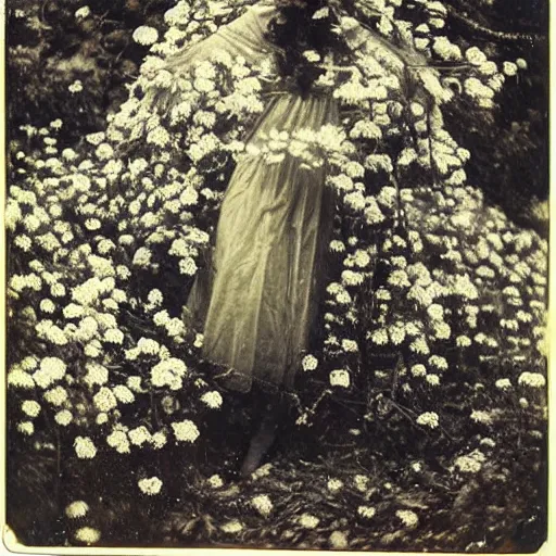 Image similar to portrait of a beautiful woman covered in flowers, Forest, ray gods, 1910 polaroid photography