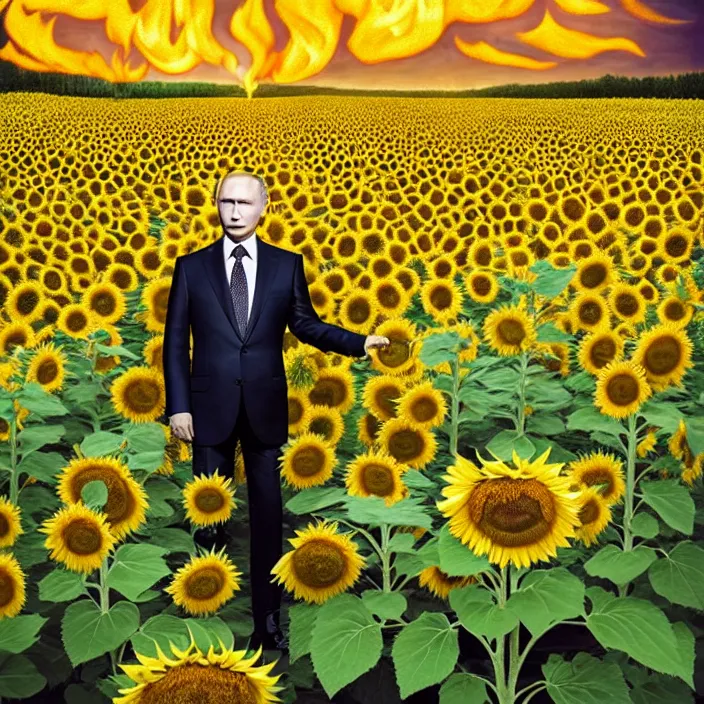 Prompt: photo portrait of Vladimir Putin in sunflower field, dressed in shirt with ornamental ethereal sunflower pattern, natural skin tone, explosion and fire in the background, elegant, Realistic, Refined, Highly Detailed, natural soft pastel lighting colors scheme, fine art photography by Cecil Beaton, volumetric lighting, hyper realistic photography
