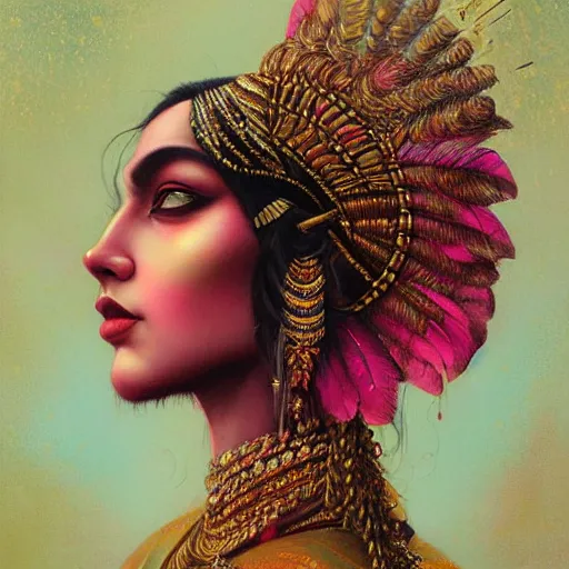 Image similar to side portrait of a beautiful Indian queen of tigers, pink and gold, by Anato Finnstark, Tom Bagshaw, Brom