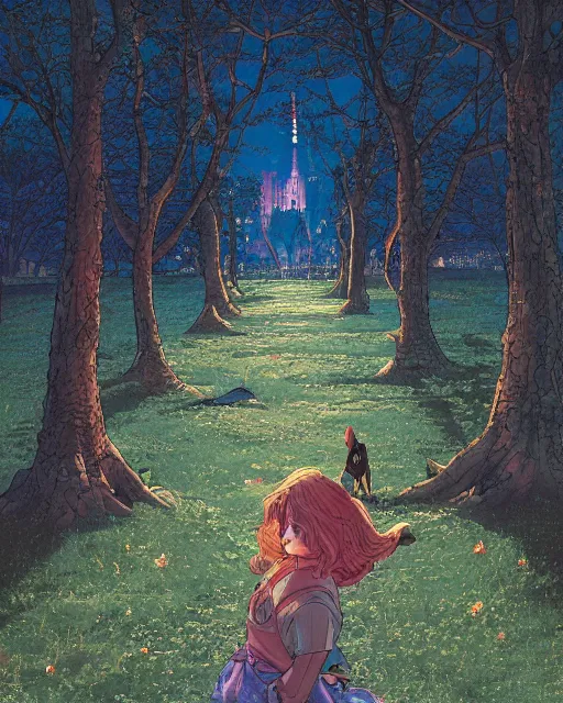 Image similar to a girl walking her small dog at the park, full shot, facing forward, ambient lighting, detailed, art by ayami kojima, makoto shinkai, kilian eng