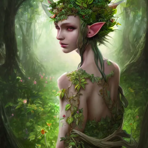 Image similar to a picture of a forest elf cloths in flowers and leaves, high fantasy, elegant, epic, detailed, intricate, digital painting, concept art, realistic, smooth, focus, rim light,